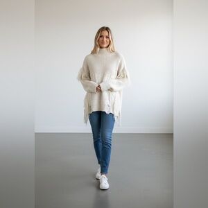 Cream Fringe Distressed Turtleneck Sweater - Free Generation Los Angeles